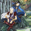 tricksters_queen: Forests of Avalon by Orin, Puck from Disney's Gargoyles, and another dark haired elf sit near a waterfall. (Default)