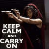fridgepunk: Queen Elizabeth X of Great Britain, guns akimbo and with the legend "keep calm and carry on" in white. (Keep Calm)