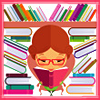 ellia: cartoon woman reading in front of a bookcase full of books (library girl)