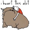 lovepeaceohana: A person hugging a large, furry horned critter. Black text reads "i heart this alot." (heart_alot)