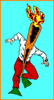 shippen_stand: green swim fins, red pants. carrot mask with flames coming out the top (flaming carrot)