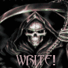 rhi: The Grim Reaper, scythe and all, by lightning light.  Text is "Write!" (October writing)