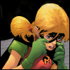 weaver: Comic art: a blonde white girl pulls on a home-made green mask with a determined expression. (dc: steph: from now on you call me robin)