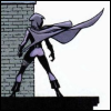 weaver: A teenage girl in an eggplant-coloured superhero costume and cape, silhouetted against a brick wall on top of a building (dc: steph: aubergine girl)