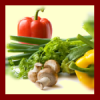 ilyena_sylph: green onions, mushrooms, and red and yellow peppers on a pale background with a deep red border (Photos: cooking)