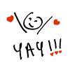 poulpette: Stick-figure of a smiling head, raising heart pompoms. Bottom half says YAY!!! (yay!)