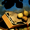 jules_robin: Ripe figs and fig leaves on a stack of books. (Books & Figs)