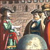 quillori: three men stand discussing a large globe (theme: travel (plans))