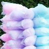 majoline: Purple, pink and blue bags of cotton candy on a stick. (Fluff)