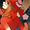 caelz: A young lady in red clothes looking backward over her shoulder, with a touch of darkness about her face. (Default)
