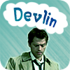devlin: Castiel has a bubble thought that reads Devlin. Background is light blue. (Devlin Castiel)