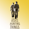 sunspot: dean and sam, black text on yellow 'saving people, hunting things' (saving people 'n' hunting things)
