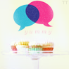 mercredigirl: Afternoon tea captioned 'yummy' with a pink and a blue speech bubble overhead. (speech bubbles (pink and blue))