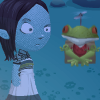 anaraine: A Glitch making a 'bzuh?' face while next to a frog who is flying. ([glitch] when frogs fly)