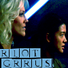 futuransky: Six and Eight from BSG with the phrase RIOY GRRLS (riot cylons)