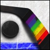 pineapplechild: A hockey stick with the blade wrapped in colored hockey tape to create a rainbow, lying on the ice next to a hockey puck (queer hockey player)