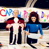 gavagai: Jean-Luc Picard & Deanna Troi in front of a handmade banner reading "Captain Picard Day" (captain picard day)