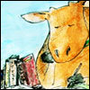 bravecows: Picture of a brown cow writing next to some books (Default)