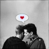 frausorge: Ray Kowalski with his head bent toward Benton Fraser in his Mountie uniform; the image is in black and white except for the red heart in Fraser's speech bubble (do you want to know a secret)