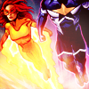 supertights: Image of Firestar and Justice flying together (Firestar)