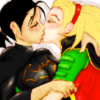 sansets: Stehanie Brown, dressed as Robin, kissing Cassandra Cain, dressed as Batgirl. Fanart, artist unknown (Cass/Steph)