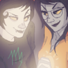 speakveryclearly: Kanaya looking over at Vriska, both glowing and smirking smugly; they hold hands with interlaced fingers. (Conspiratrix)