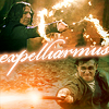 scrollgirl: cos!snape and dh!harry perform expelliarmus; text: expelliarmus (hp expelliarmus)