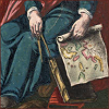 quillori: illustration of a seated figure holding a map (stock: travel (holding map))