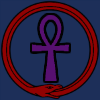 actionreaction: clip art of purple ankh in a red ouroboros on a blue background. ([symbols] ankh & ouroboros)