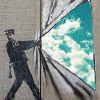 wishfulclicking: man in black and white pulling back a curtain to show moving sky (gen: moving sky)