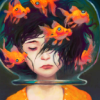 murklins: Shoulders-up view of black-haired girl with eyes shut and a sad mouth, her head in fishbowl, 6 goldfish swimming in it.  (my head is swimming)
