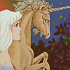 flyingthesky: Amalthea in front of a mural of a unicorn in The Last Unicorn. (tlu: NOW THAT I'M A WOMAAAAAN!)