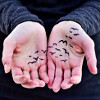 ofearthandstars: A pair of open hands, with a flock of birds flying drawn on them. (open hands)