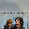 cadenzamuse: Frodo and Sam in winter, with text: Don't go where I can't follow (Frodo/Sam: can't follow)