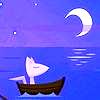sheistheweather: A white sleeping fox sitting up in a boat on the water with a crescent moon overhead. (Moonfox)