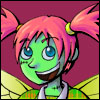 spacerobotcrew: A drawing of a green-skinned zombie kid, with pink hair in pigtails, looking very happy with a big enthusiastic smile. (bug)