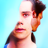 cinco: Stiles's partially-obscured face with Derek facing away behind him (teen wolf: sterek)