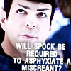 cinco: Quinto's Spock looking threatening, with the words "Will Spock be required to asphyxiate a miscreant?" (star trek new: asphyxiate a miscreant)