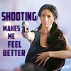 next_to_normal: Aeryn Sun holding a gun and a baby; text: Shooting makes me feel better (shooting makes me feel better)