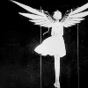 dchan: A white silhouette on a black background of a girl with mechanical  wings (suu silhouette)