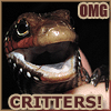 raze: a fire skink with gaping mouth and caption "omg critters" (critters)