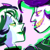 speakveryclearly: Kanaya stares up at Gamzee, who is grinning, with flat jade lips and resigned eyes. (Tolerance)