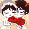 speakveryclearly: Kanaya and Vriska in wedding dresses, with closed eyes and cute flushes and smiles and red rose bouquets. (Marriage)