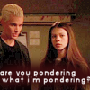 next_to_normal: Spike and Dawn looking thoughtful; text: are you pondering what i'm pondering? (Spike/Dawn pondering)