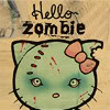 disastrously: A zombie green Hello Kitty on a denim-looking background with a torn ear, and zombie eyes. (Hello Zombie)