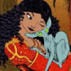 zlabya: color art of a dark-haired young woman holding a scrawny Russian Blue cat (Default)