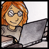shanaqui: Drawing of me at my laptop with a stack of books beside me ((Me) Dissertation)