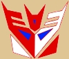 senmut: A simple geometric Decepticon symbol in blue, red, and white on a tan background. (Transformers: SG Con Logo)