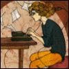 smw: A woman sits at a typewriter, pages flying, a plug in the back of her awesomely big-curly hair. (Default)
