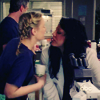 shopfront: Source: Grey's Anatomy. Callie and Arizona leaning in for a kiss, coffees/muffins in hand. (GA - [Callie/Arizona] sweet lesbians)